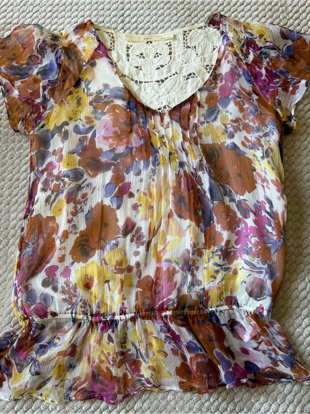 Gibson Short Sleeve Floral Lace-Trim Chiffon Dress Top - Multi